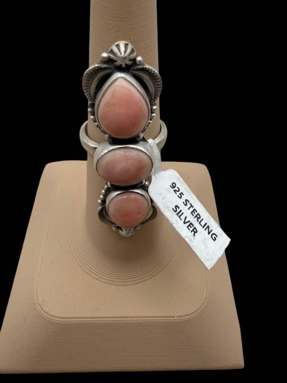 NWT Sterling Silver Pink Conch Triple Stone Statement Ring Adj Rustic Boho Chic